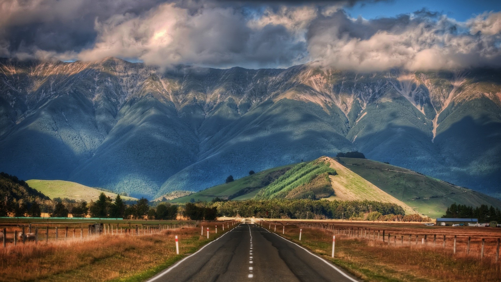 nature, Landscape, New Zealand, Mountain, Clouds, Hill, Trees, Road, Fence, Shadow, HDR Wallpaper