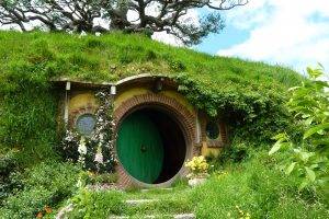 nature, Landscape, House, New Zealand, Hobbiton, Door, Trees, Grass, Flowers, Green