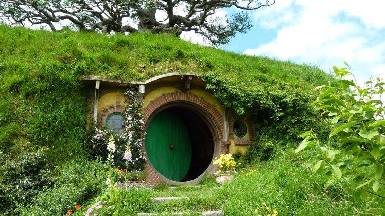 nature, Landscape, House, New Zealand, Hobbiton, Door, Trees, Grass, Flowers, Green HD Wallpaper Desktop Background