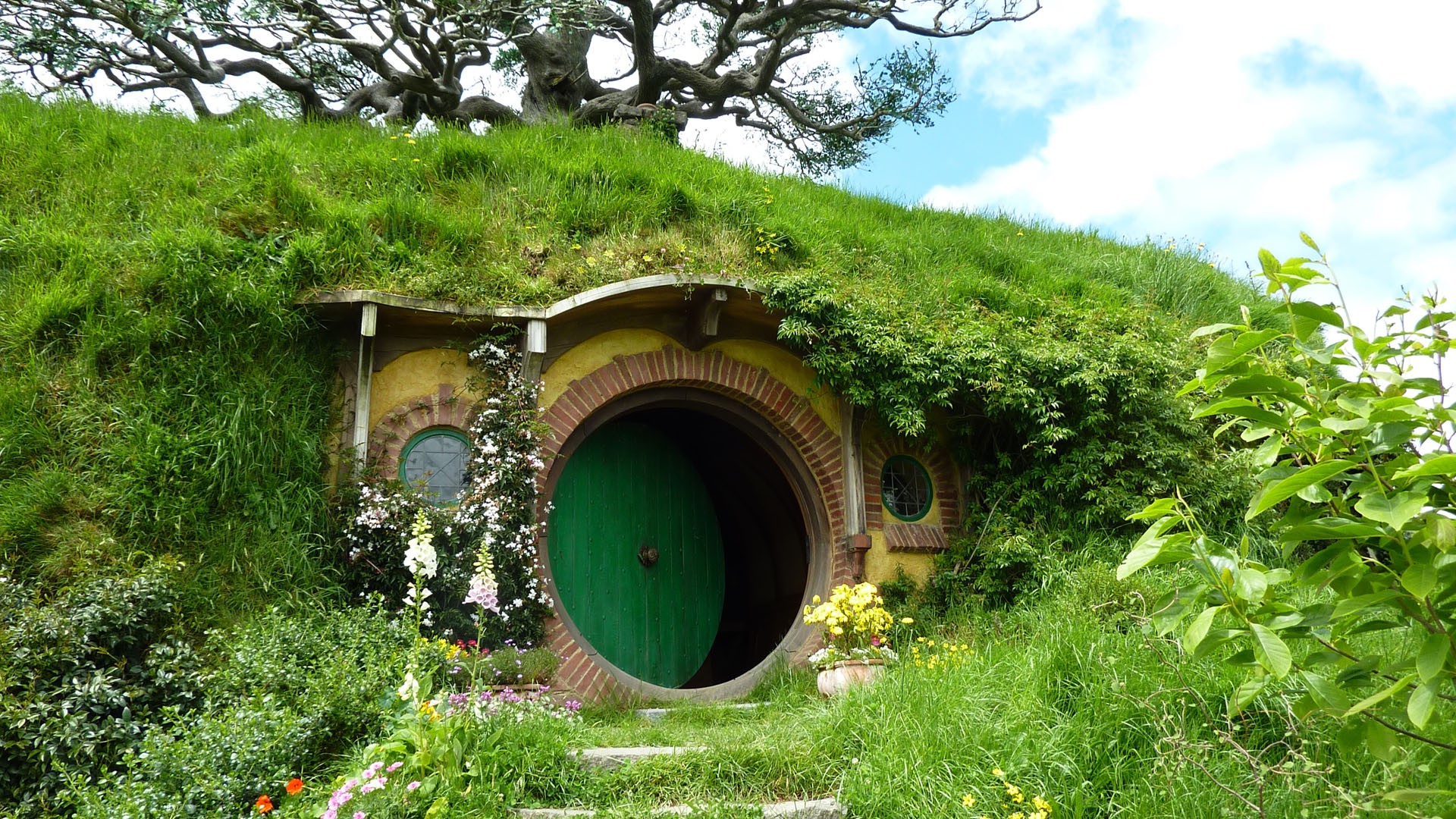 nature, Landscape, House, New Zealand, Hobbiton, Door, Trees, Grass, Flowers, Green Wallpaper