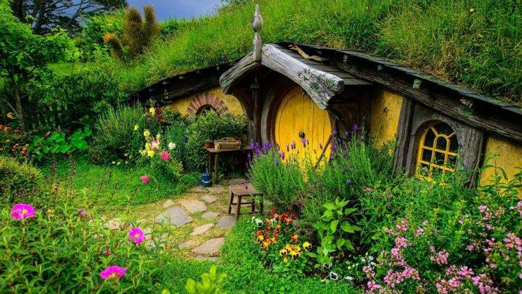 nature, Landscape, House, New Zealand, Hobbiton, Door, Trees, Grass, Flowers, Green HD Wallpaper Desktop Background