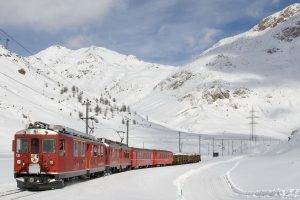 nature, Landscape, Train, Railway, Mountain, Snow, Trees, Winter, Clouds, Wood, Men, Switzerland