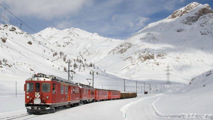nature, Landscape, Train, Railway, Mountain, Snow, Trees, Winter, Clouds, Wood, Men, Switzerland HD Wallpaper Desktop Background