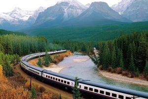 nature, Landscape, Train, Railway, Mountain, Snow, Trees, Forest, River, Canada