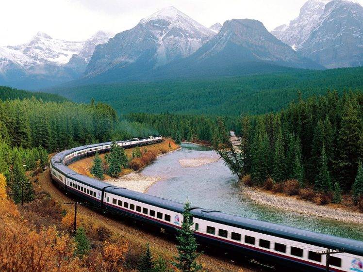 nature, Landscape, Train, Railway, Mountain, Snow, Trees, Forest, River, Canada HD Wallpaper Desktop Background