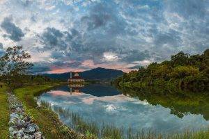 nature, Landscape, Water, Clouds, Malaysia, River, Trees, Forest, Rock, Sunset, Building, Hill, Reflection