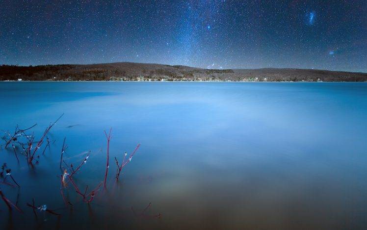 nature, Landscape, Water, Quebec, Canada, Lake, Hill, House, Stars, Night, Blue, Long Exposure HD Wallpaper Desktop Background
