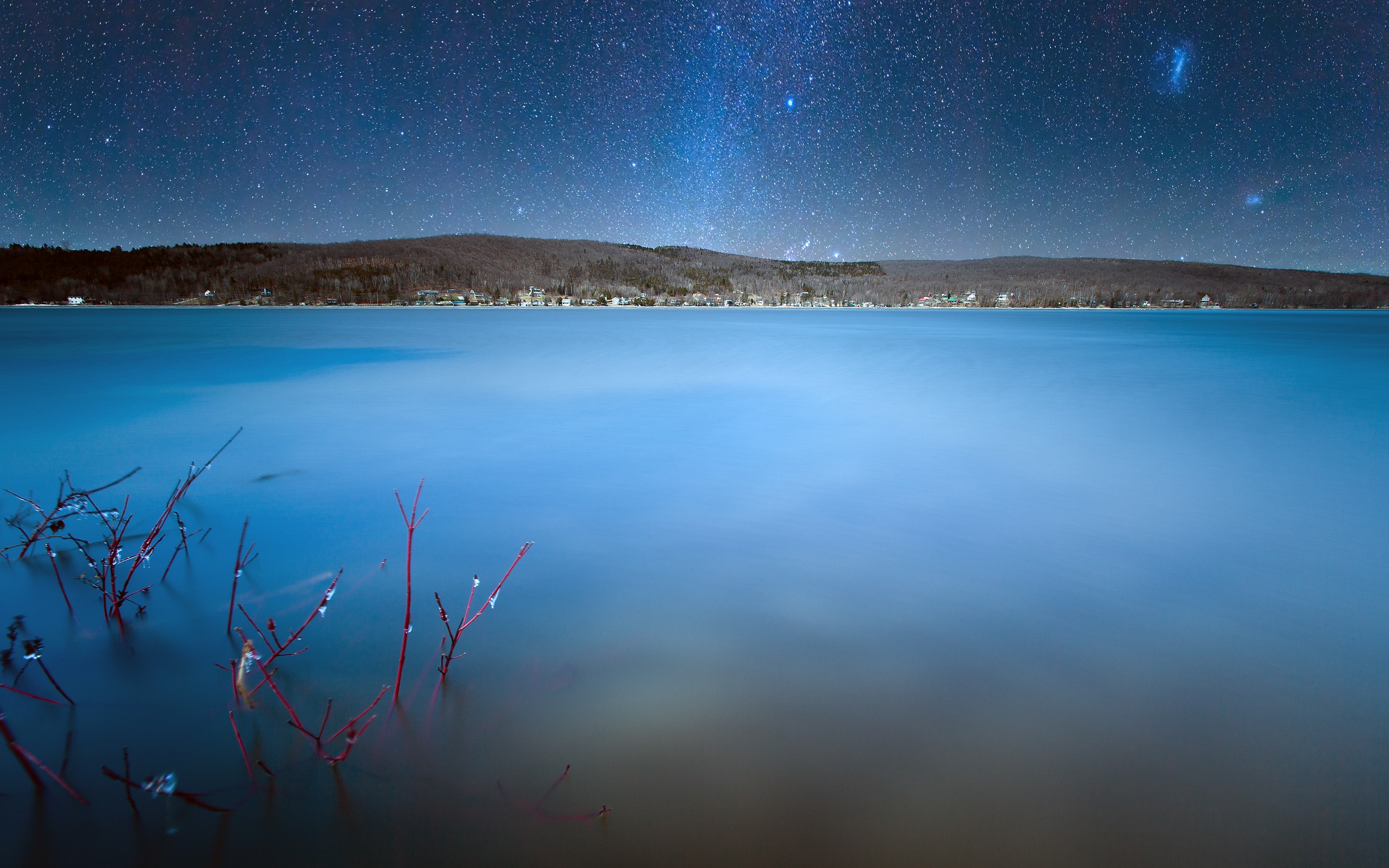 nature, Landscape, Water, Quebec, Canada, Lake, Hill, House, Stars, Night, Blue, Long Exposure Wallpaper
