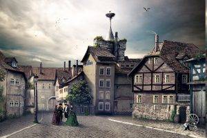 cityscape, Architecture, Building, Crowds, Street, Vintage, Photo Manipulation, Stork, Nests, Street Light, Germany, Trees, Dog, Clouds