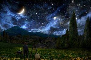 Vincent Van Gogh, The Starry Night, Crescent Moon, Painters, Stars, Landscape