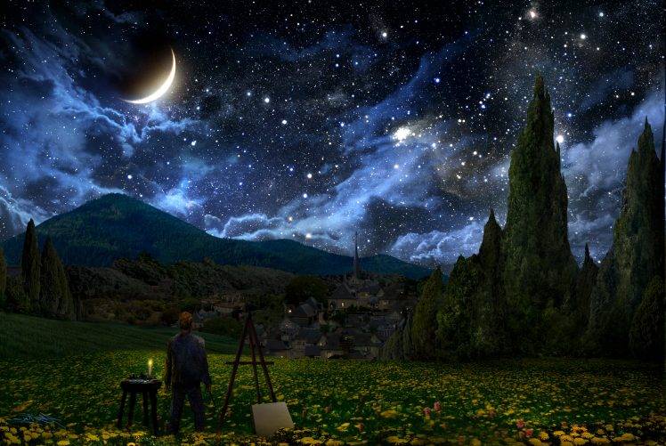 Vincent Van Gogh, The Starry Night, Crescent Moon, Painters, Stars, Landscape HD Wallpaper Desktop Background