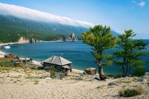 nature, Landscape, Water, Lake, Mountain, Trees, Clouds, Lake Baikal, Russia, House, Boat, Sand, Beach, Forest, Mist