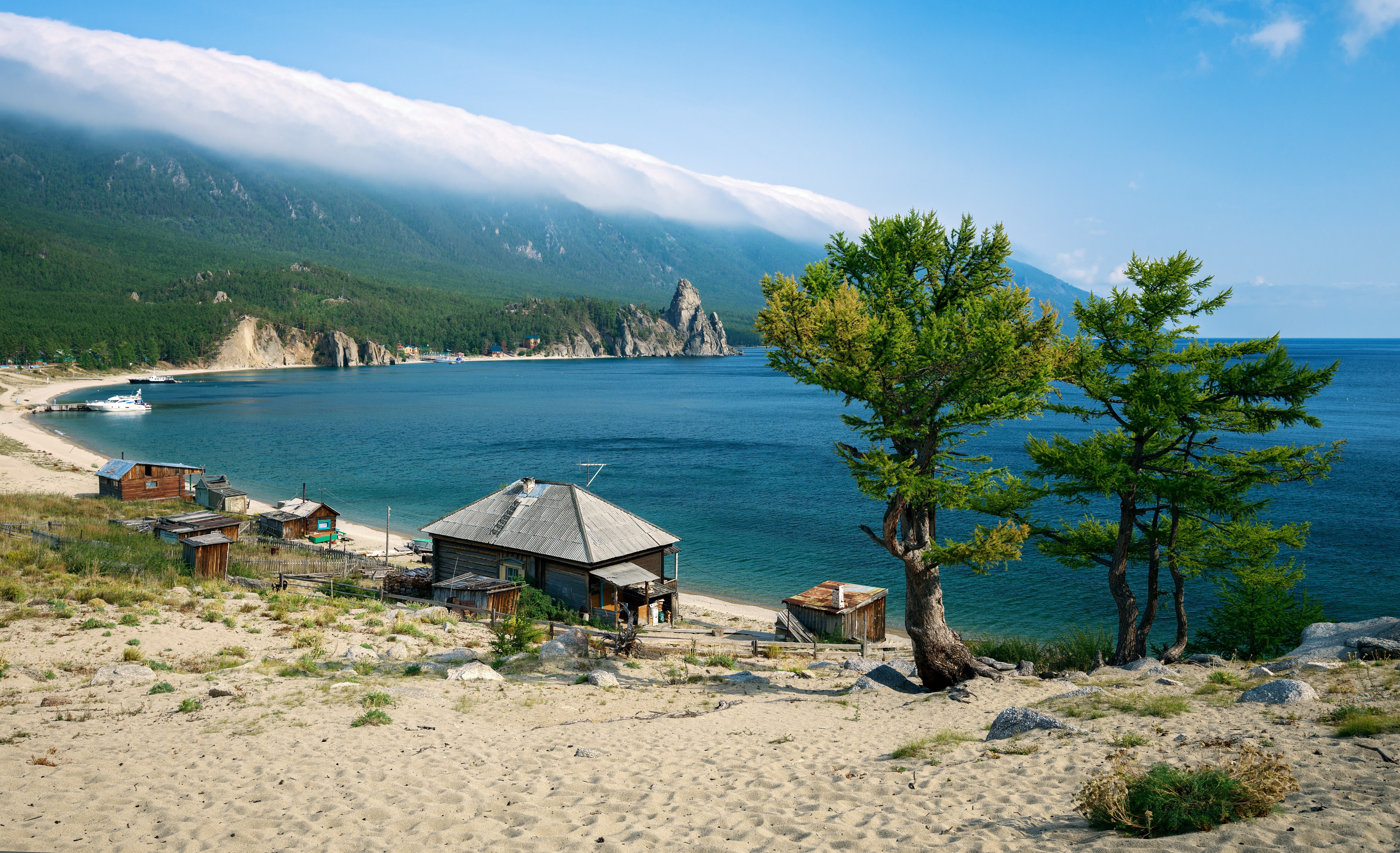 nature, Landscape, Water, Lake, Mountain, Trees, Clouds, Lake Baikal, Russia, House, Boat, Sand, Beach, Forest, Mist Wallpaper