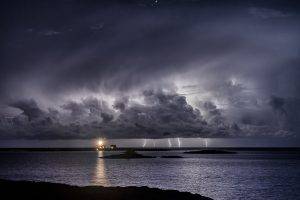 nature, Landscape, Water, Sea, Clouds, Storm, Dark, House, Lights, Reflection