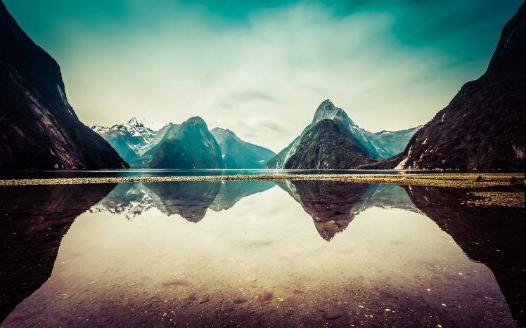 Milford Sound, New Zealand, Lake, Reflection, Clouds, Snow, Mountain, Landscape, Nature, Calm HD Wallpaper Desktop Background