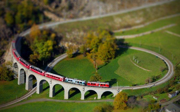 tilt Shift, Train, Switzerland, Arch, Landscape, Railway, Bridge HD Wallpaper Desktop Background