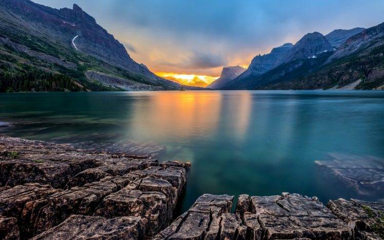 nature, Landscape, Lake, Sunset, Saint Mary Lake, Montana, Mountain, USA, Reflection, Calm, Rock, Rock Formation HD Wallpaper Desktop Background