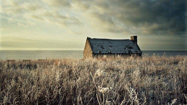 coast, Field, Frost, Winter, Building, Ruin, Abandoned, Sea, Clouds, Nature, Landscape HD Wallpaper Desktop Background