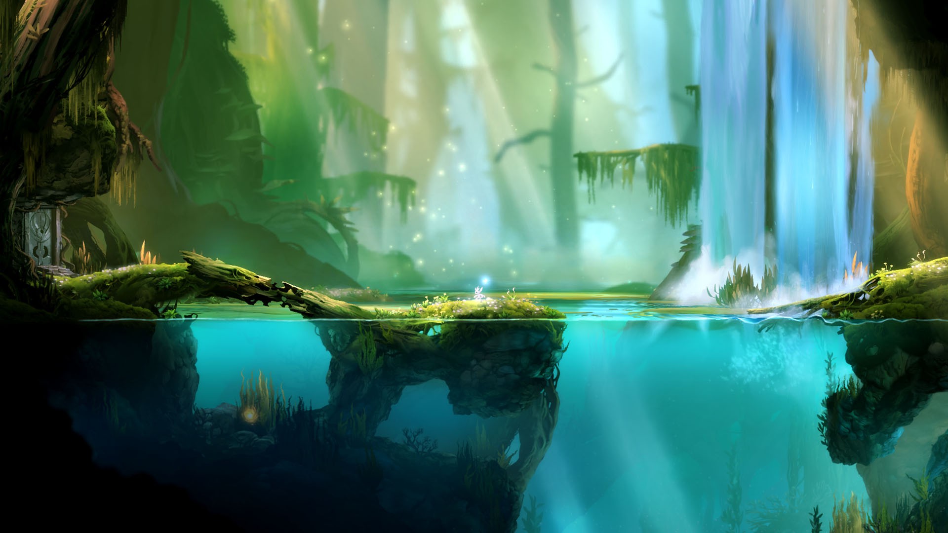 anime, Digital Art, Video Games, Water, Trees, Underwater, Sunlight, Rock, Mist, Fantasy Art, Swamp, Split View, Roots, Forest, Ori And The Blind Forest, Waterfall Wallpaper