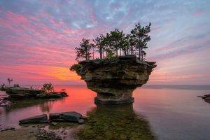 nature, Landscape, Rock, Clouds, USA, Island, Sea, Sunset, Stones, Trees