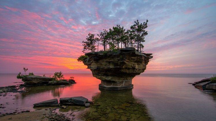 nature, Landscape, Rock, Clouds, USA, Island, Sea, Sunset, Stones, Trees HD Wallpaper Desktop Background