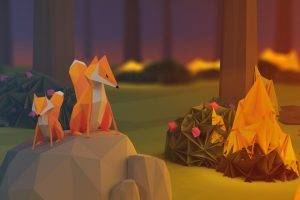 anime, Paper, Poly, Fire, Minimalism, Nature, Animals, Fox, Rock, Low Poly, Digital Art, Stones, Plants, Trees, Flowers, Baby Animals