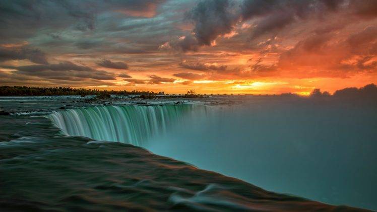 nature, Landscape, Sunset, Clouds, Water, Niagara Falls, Waterfall, Long Exposure, Trees, Stones, Canada, Ontario HD Wallpaper Desktop Background