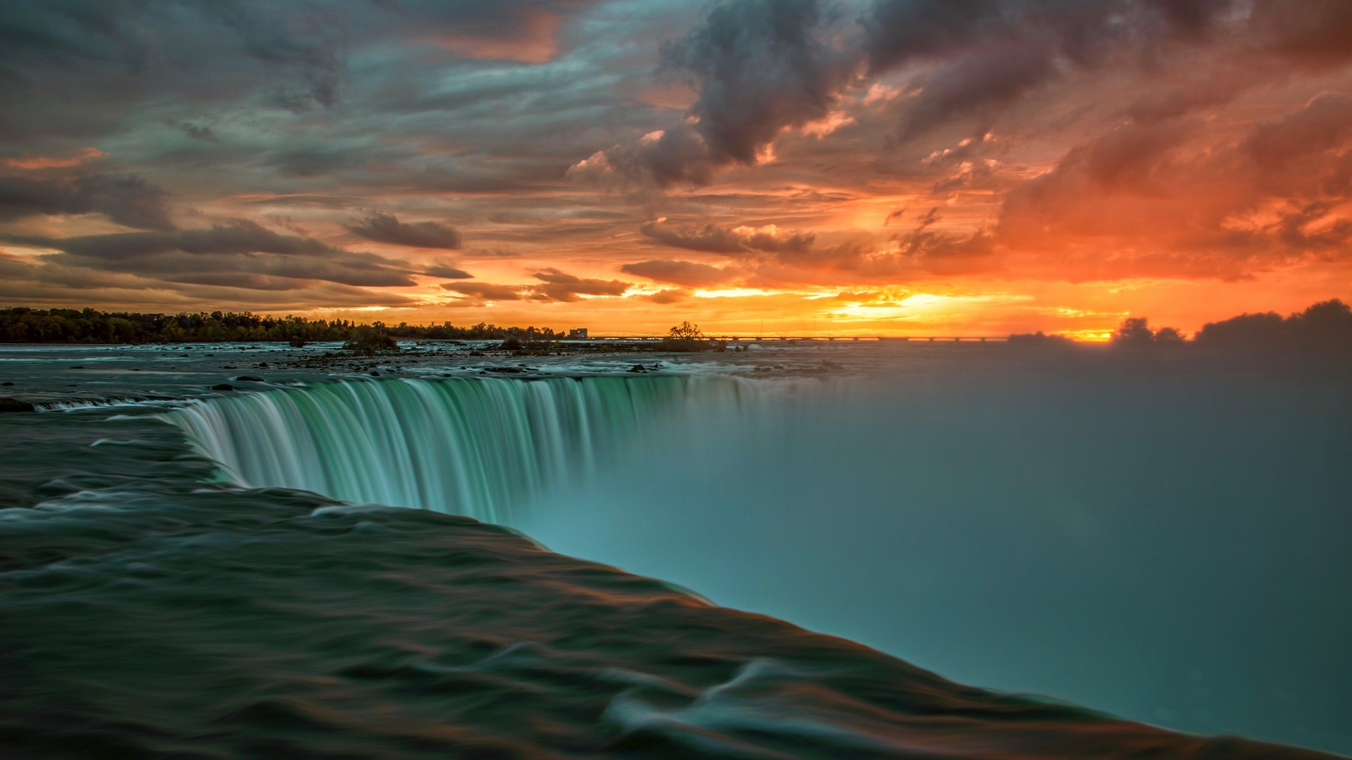 nature, Landscape, Sunset, Clouds, Water, Niagara Falls, Waterfall, Long Exposure, Trees, Stones, Canada, Ontario Wallpaper