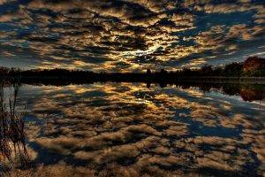 nature, Landscape, Sunset, Clouds, Trees, Water, Summer, Lake, Reflection, HDR