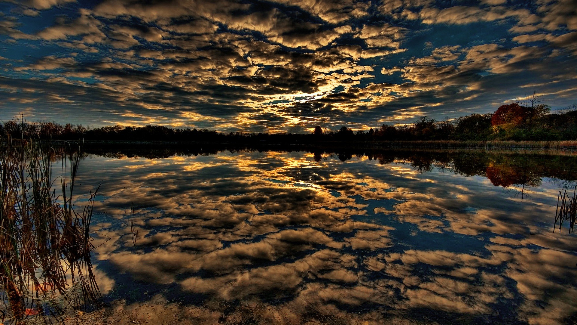 nature, Landscape, Sunset, Clouds, Trees, Water, Summer, Lake, Reflection, HDR Wallpaper