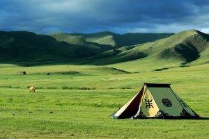nature, Landscape, Mongolia, Tents, Steppe, Field, Hill