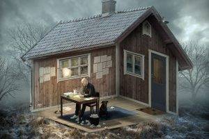 wood, House, Nature, Landscape, Erik Johansson, Optical Illusion, Photo Manipulation, Dog, Trees, Clouds, Interiors, Writing, Window, Grass, Artwork