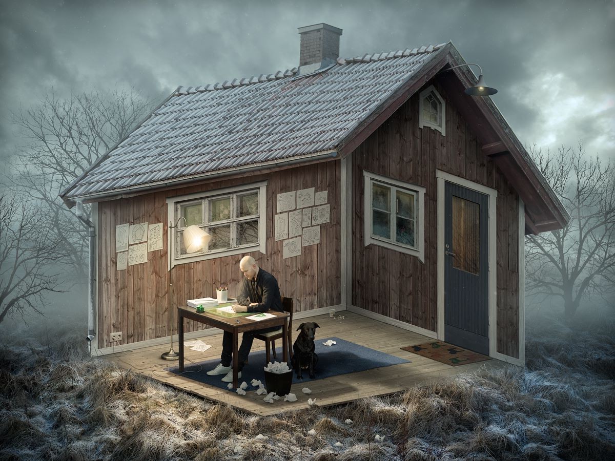 wood, House, Nature, Landscape, Erik Johansson, Optical Illusion, Photo Manipulation, Dog, Trees, Clouds, Interiors, Writing, Window, Grass, Artwork Wallpaper