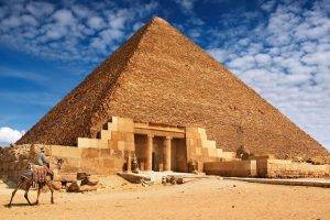 nature, Landscape, Architecture, Clouds, Pyramid, Pyramids Of Giza, Egypt, Photo Manipulation, Camels, Men, Stones, Desert, Sand, Columns, Sculpture