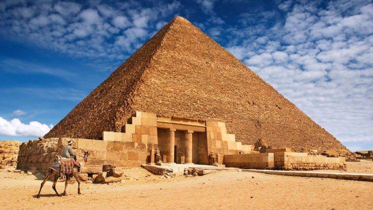 nature, Landscape, Architecture, Clouds, Pyramid, Pyramids Of Giza, Egypt, Photo Manipulation, Camels, Men, Stones, Desert, Sand, Columns, Sculpture HD Wallpaper Desktop Background