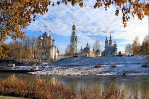 nature, Landscape, Architecture, Clouds, Water, Trees, Russia, Winter, Snow, River, Church, Tower, Leaves, Cross