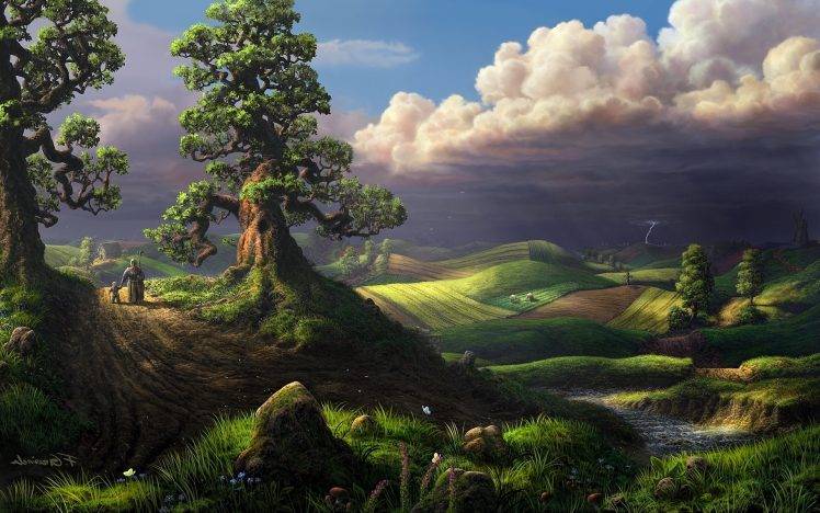 digital Art, Fantasy Art, Clouds, Nature, Landscape, Trees, Hill, Field, Lightning, Stream, Rock, House, Women, Grass HD Wallpaper Desktop Background