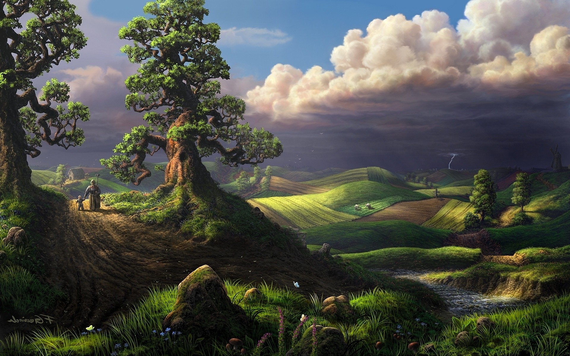 digital Art, Fantasy Art, Clouds, Nature, Landscape, Trees, Hill, Field