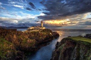 nature, Landscape, Clouds, Rock, Ireland, Cliff, Lighthouse, Sea, Sunlight, Grass, Hill, Horizon, House