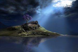 digital Art, CGI, Nature, Hill, Mountain, Rock, Trees, Water, Clouds, Sunlight, Reflection, Landscape