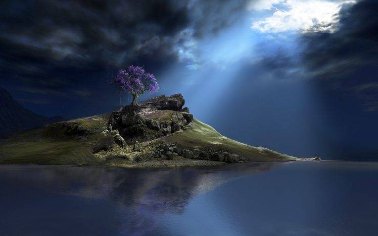 digital Art, CGI, Nature, Hill, Mountain, Rock, Trees, Water, Clouds, Sunlight, Reflection, Landscape HD Wallpaper Desktop Background