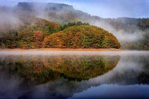 nature, Landscape, Trees, Luxemburg, Forest, Water, Mist, Fall, Hill, Reflection, Clouds