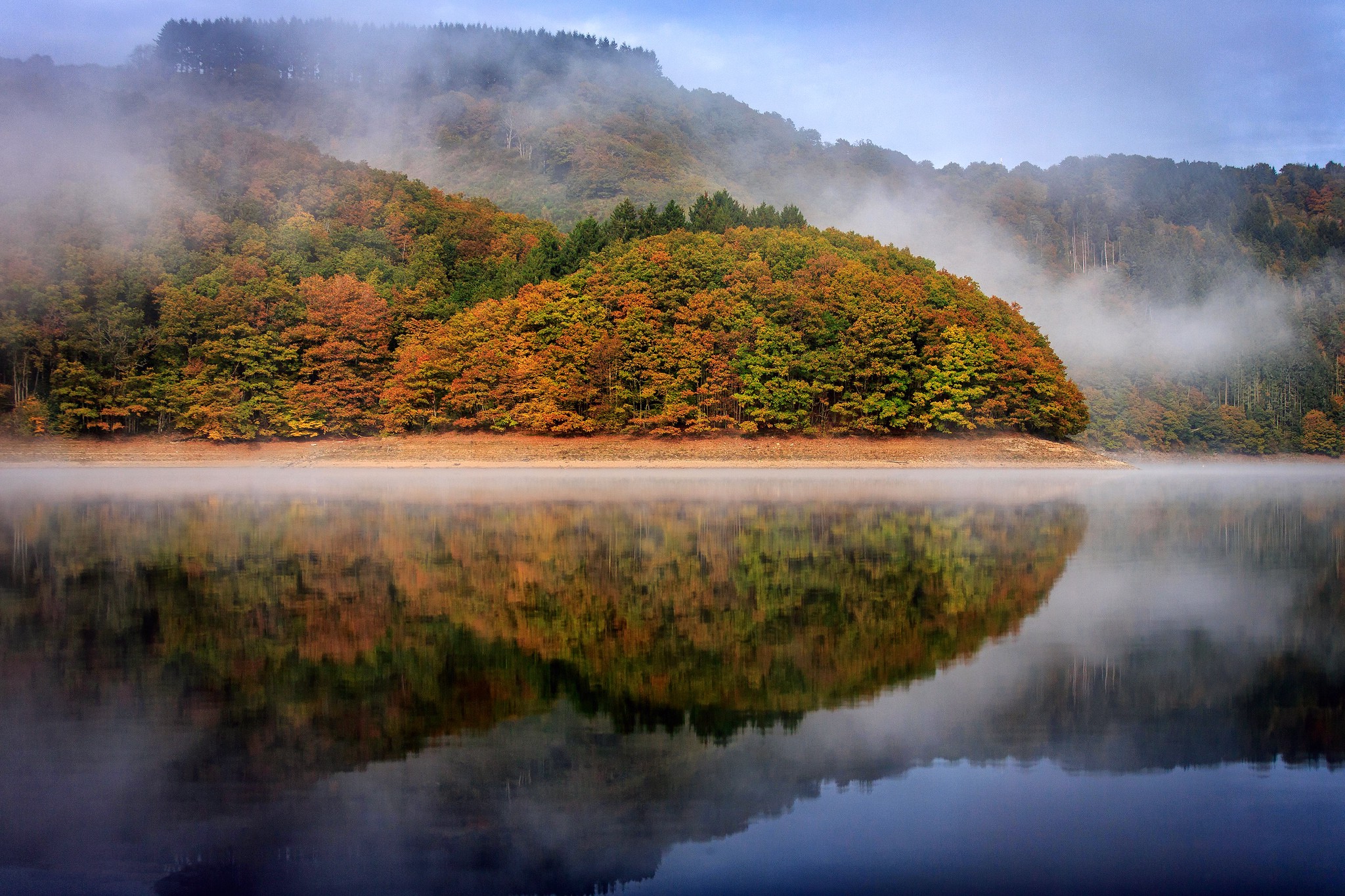 nature, Landscape, Trees, Luxemburg, Forest, Water, Mist, Fall, Hill, Reflection, Clouds Wallpaper