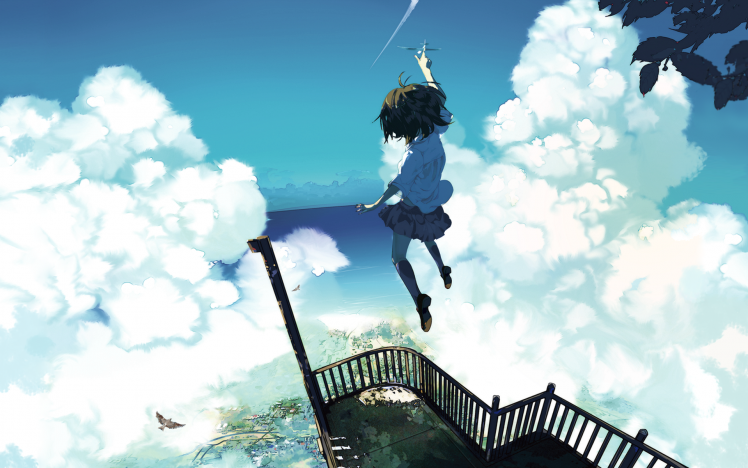 sky, Anime Girls, Sea, Clouds, Original Characters, Heights HD Wallpaper Desktop Background