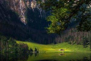 nature, Landscape, House, Green, Grass, Mountain, Water, Lake, Trees, Forest, Waterfall, Reflection, Rock, Hill, Field
