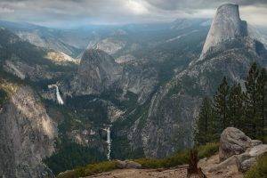 nature, Landscape, Mountain, Trees, Forest, USA, Waterfall, Yosemite National Park, Rock, Clouds, Tree Stump, Half Dome