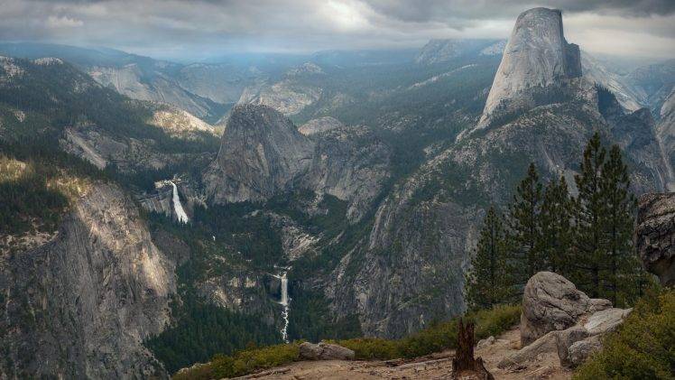 nature, Landscape, Mountain, Trees, Forest, USA, Waterfall, Yosemite National Park, Rock, Clouds, Tree Stump, Half Dome HD Wallpaper Desktop Background