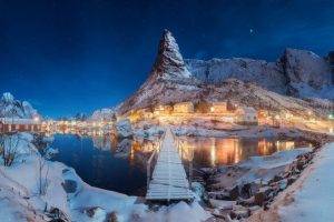 nature, Landscape, Winter, Snow, Lake, Night, Hill, Norway, Lofoten
