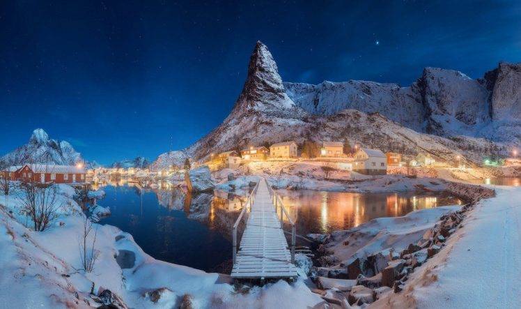 nature, Landscape, Winter, Snow, Lake, Night, Hill, Norway, Lofoten HD Wallpaper Desktop Background
