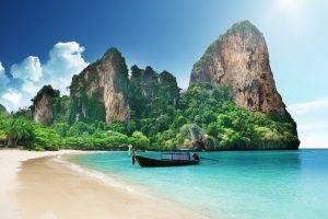 nature, Landscape, Beach, Hill, Boat, Thailand